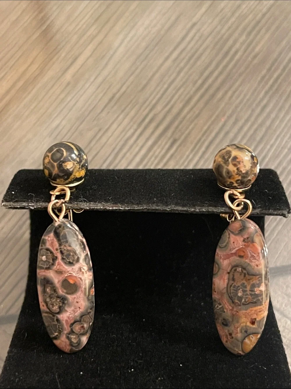 Vintage Leopard Skin Jasper Oval Dangle Drop Earrings Ball/Post Convertible